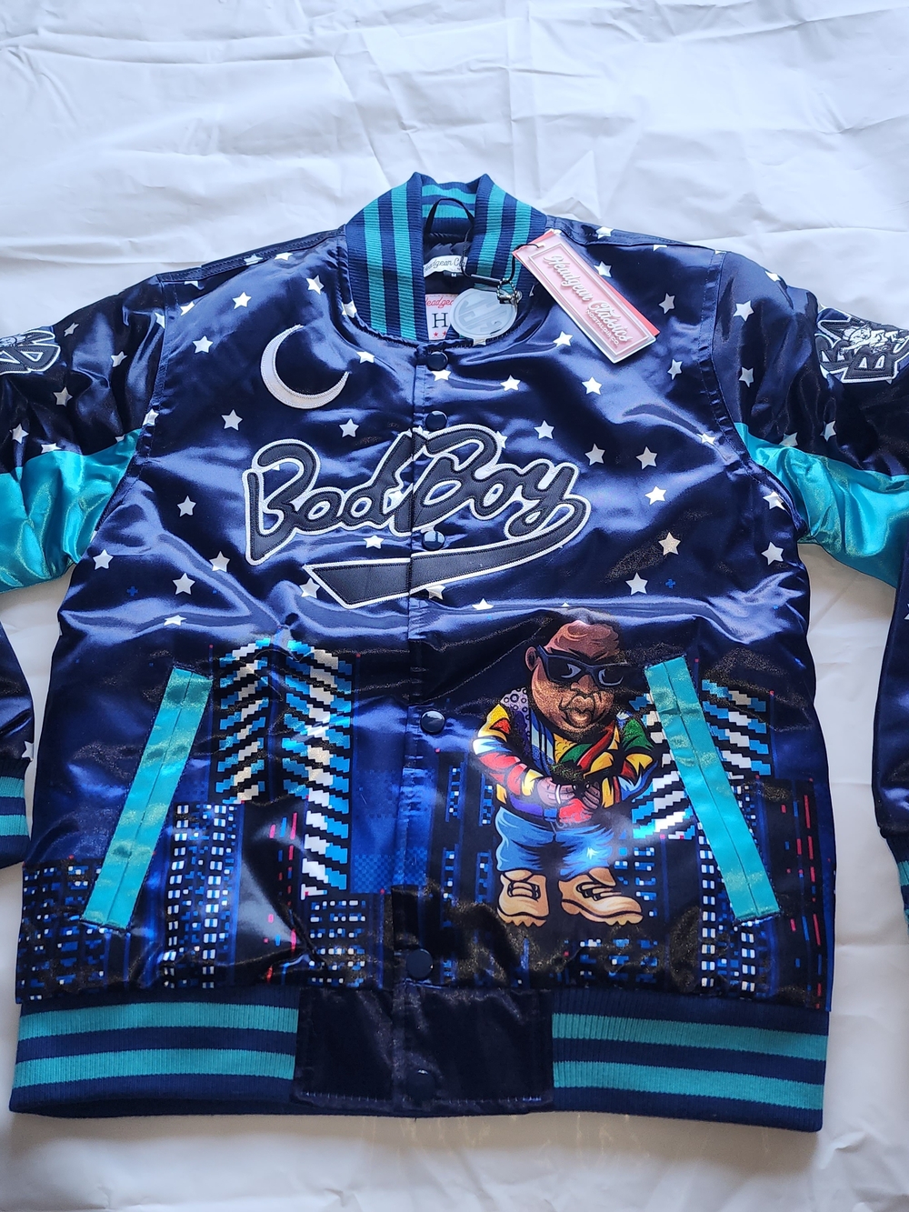 Nostalgia Kids Satin Bomber Jacket in Navy and Teal with Graphic